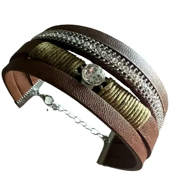 Brown Leather Wrap Bracelet with Crystal Accent - Picture 3 of 6